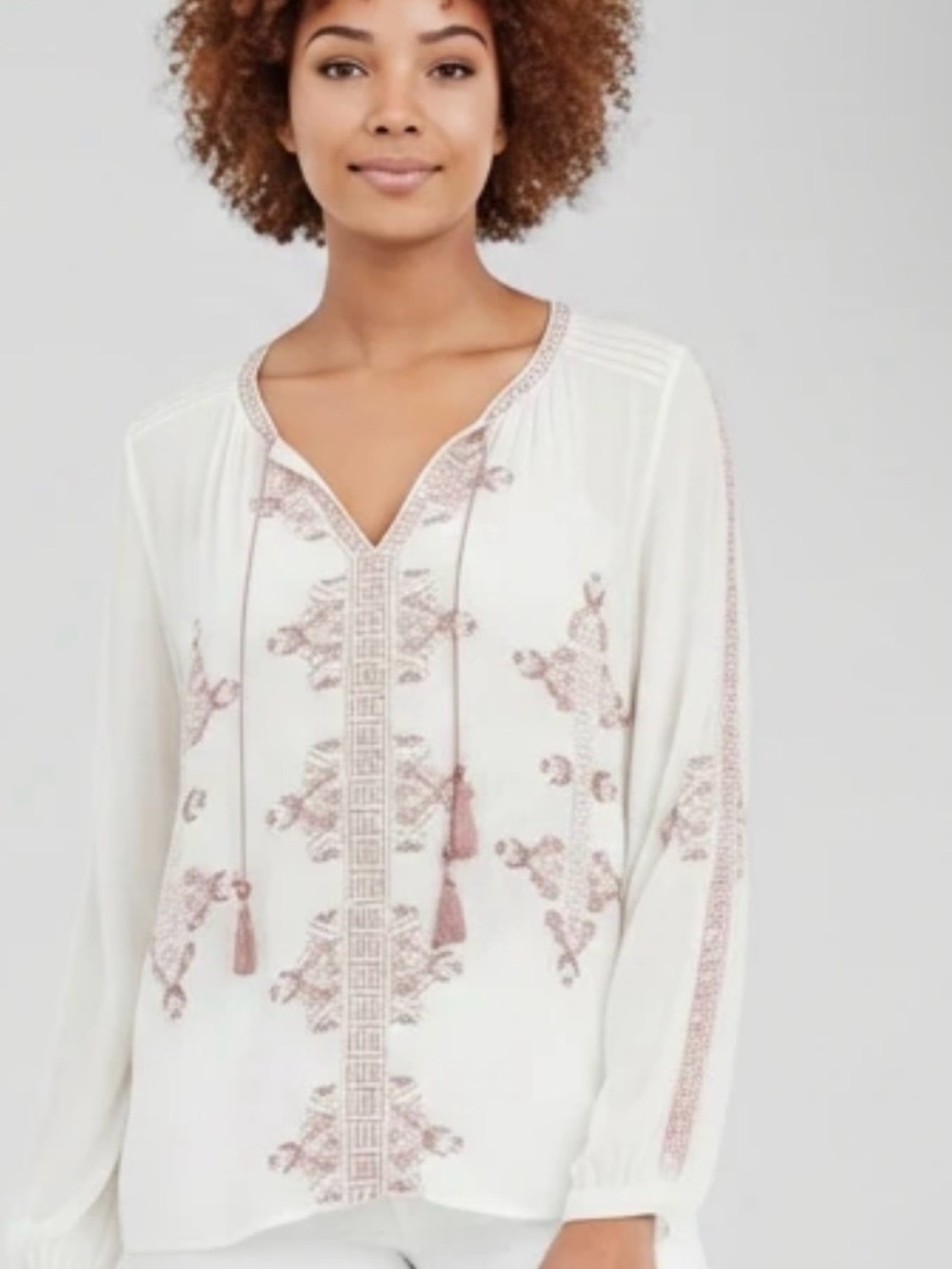 Lucky Brand Ivory Pheasant Style Tunic with Dusty Pink Embroidery